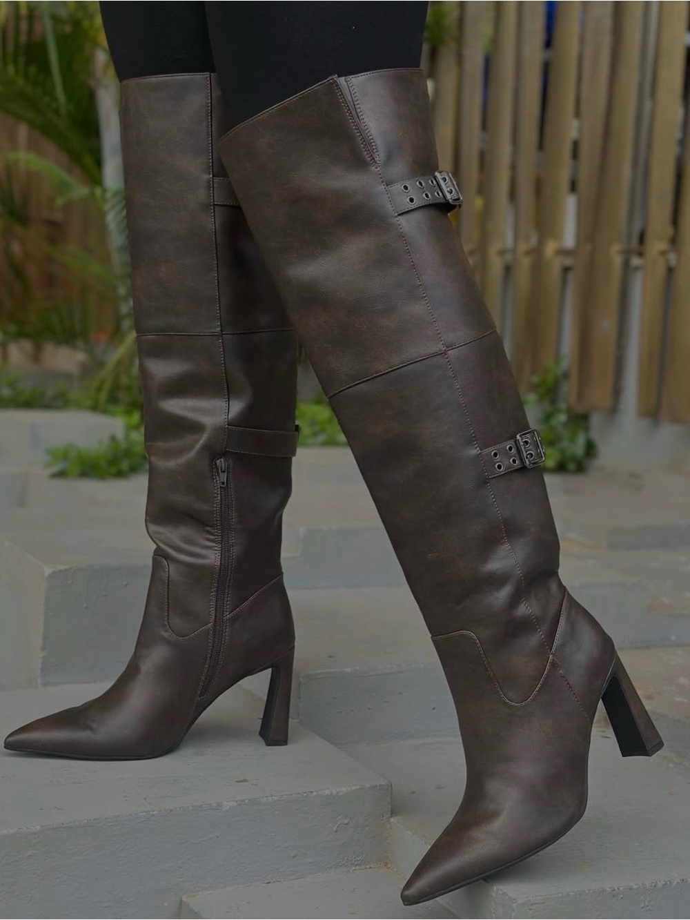 Brown Over-the-Knee Pointed-Heel Boots